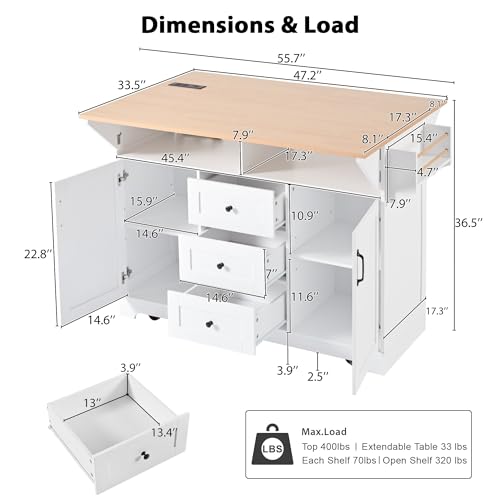 55.7'' Rolling Kitchen Island with 2 Drop Leaves and 3 Drawers K6422