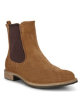 Camel Brown Elastic Side Panels Pull-Tab Back Padded Round Toe Block Heel Chelsea B395261