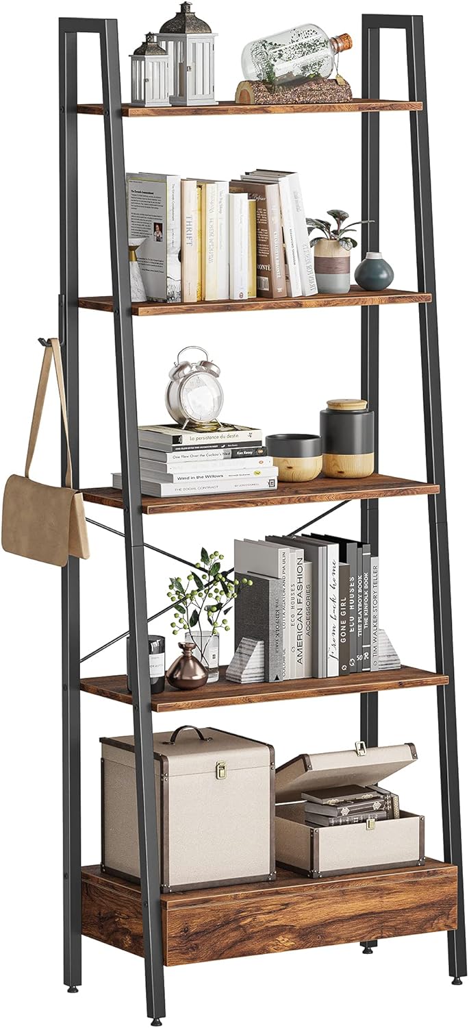 5-Tier Ladder Shelf with Drawer Rustic Brown C38944