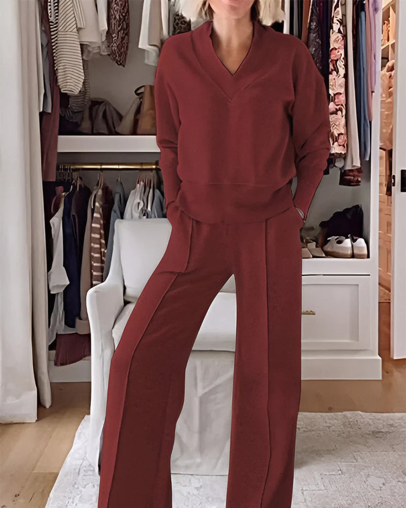 V-neck Top & Pants Two-piece Set Y430