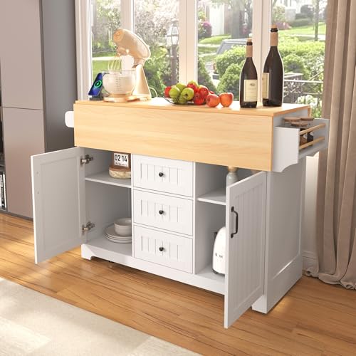 55.7'' Rolling Kitchen Island with 2 Drop Leaves and 3 Drawers K6422