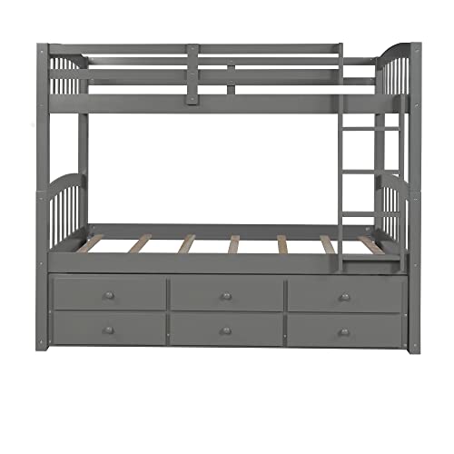 Twin Over Twin Solid Wood Bunk Bed with Storage Drawers and Trundle (Espresso) A65918