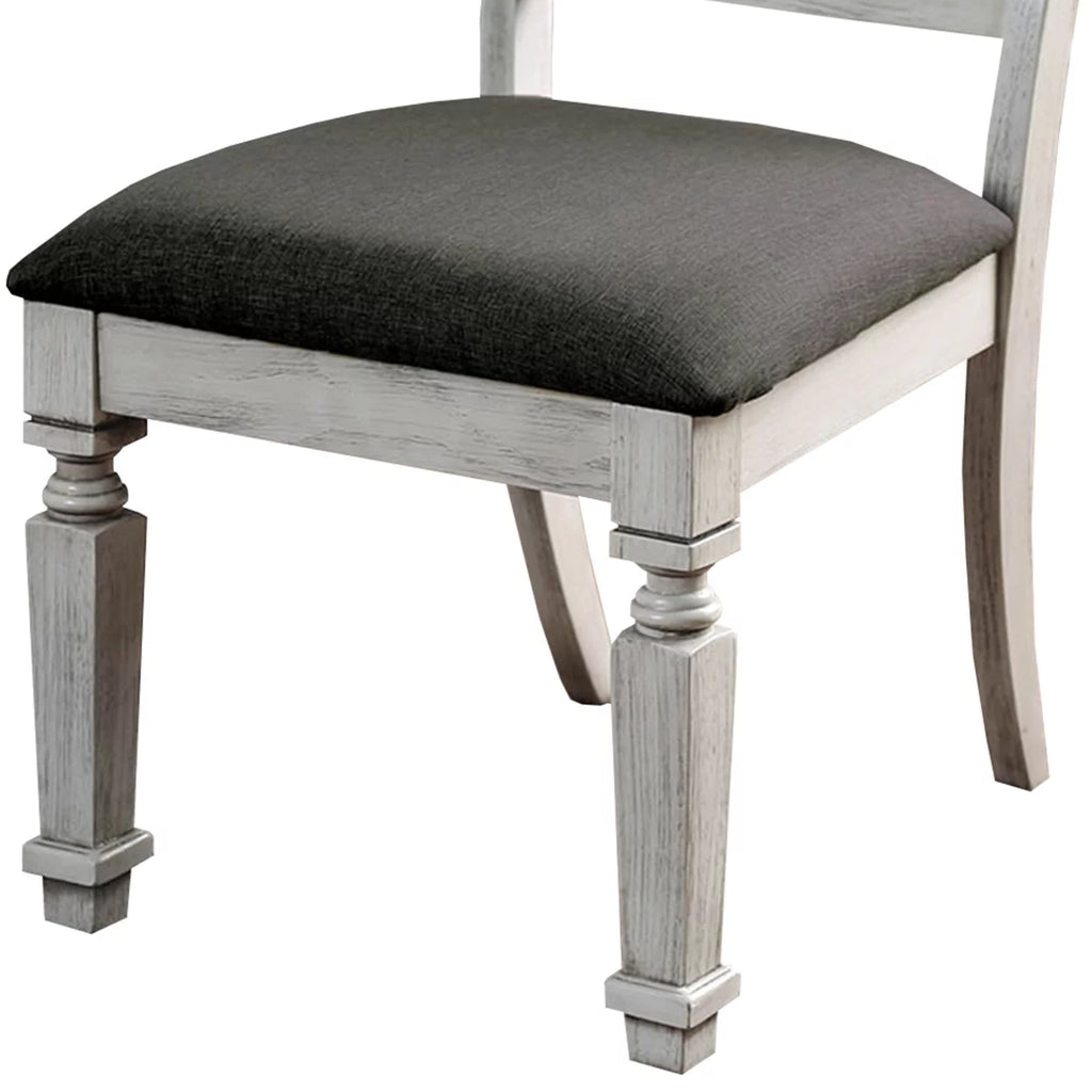 Wooden Side Chair with Fabric Upholstered Padded Seat Pack of Two Antique White and Gray J409