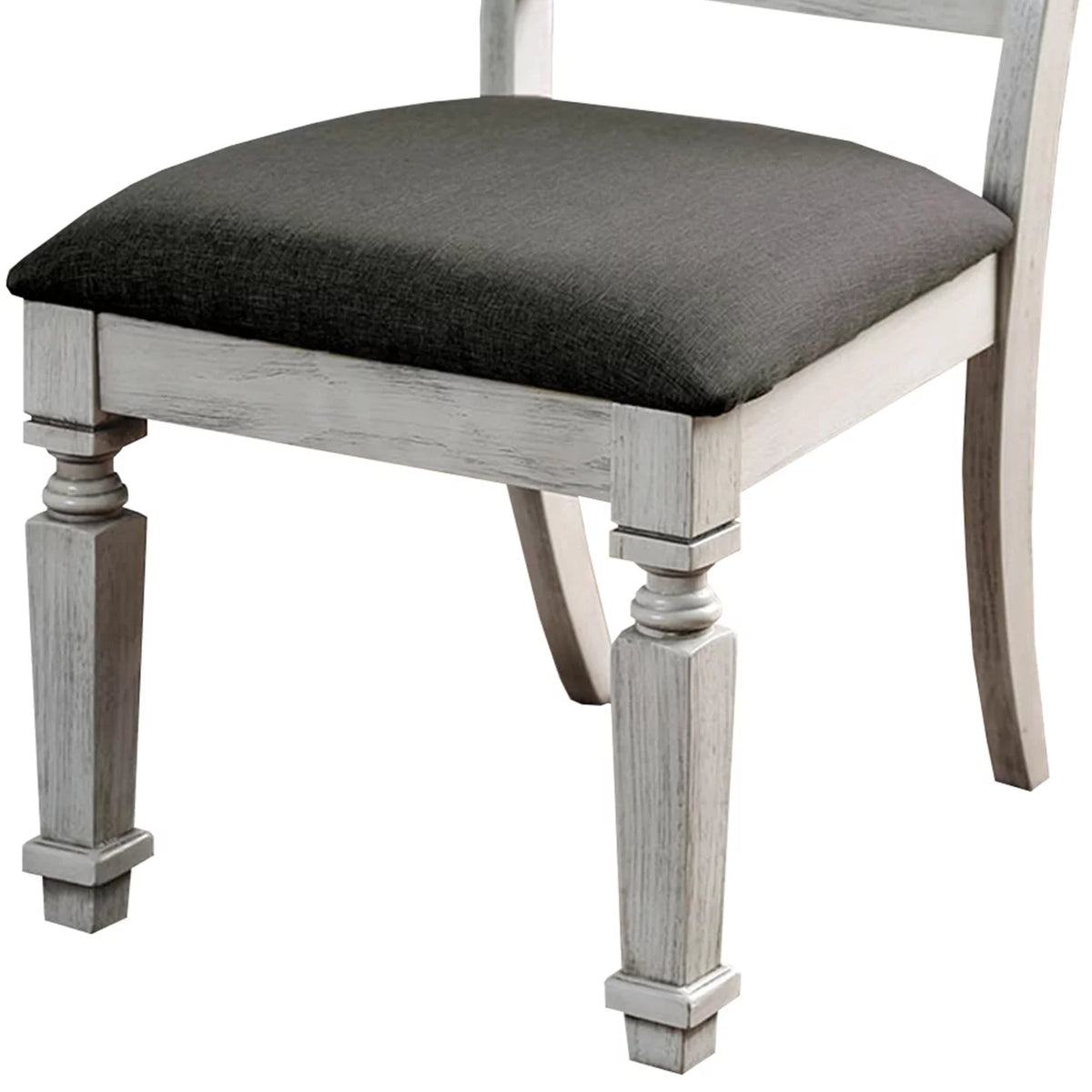 Wooden Side Chair with Fabric Upholstered Padded Seat Pack of Two Antique White and Gray J409