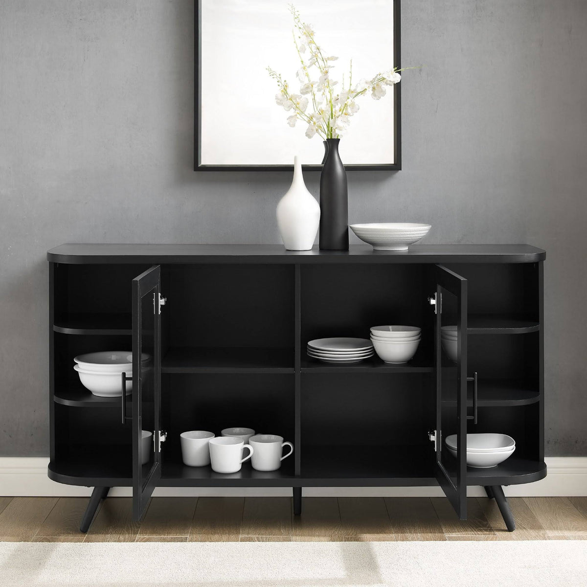 Dark Walnut Curved Edge Glass Door Sideboard I21768