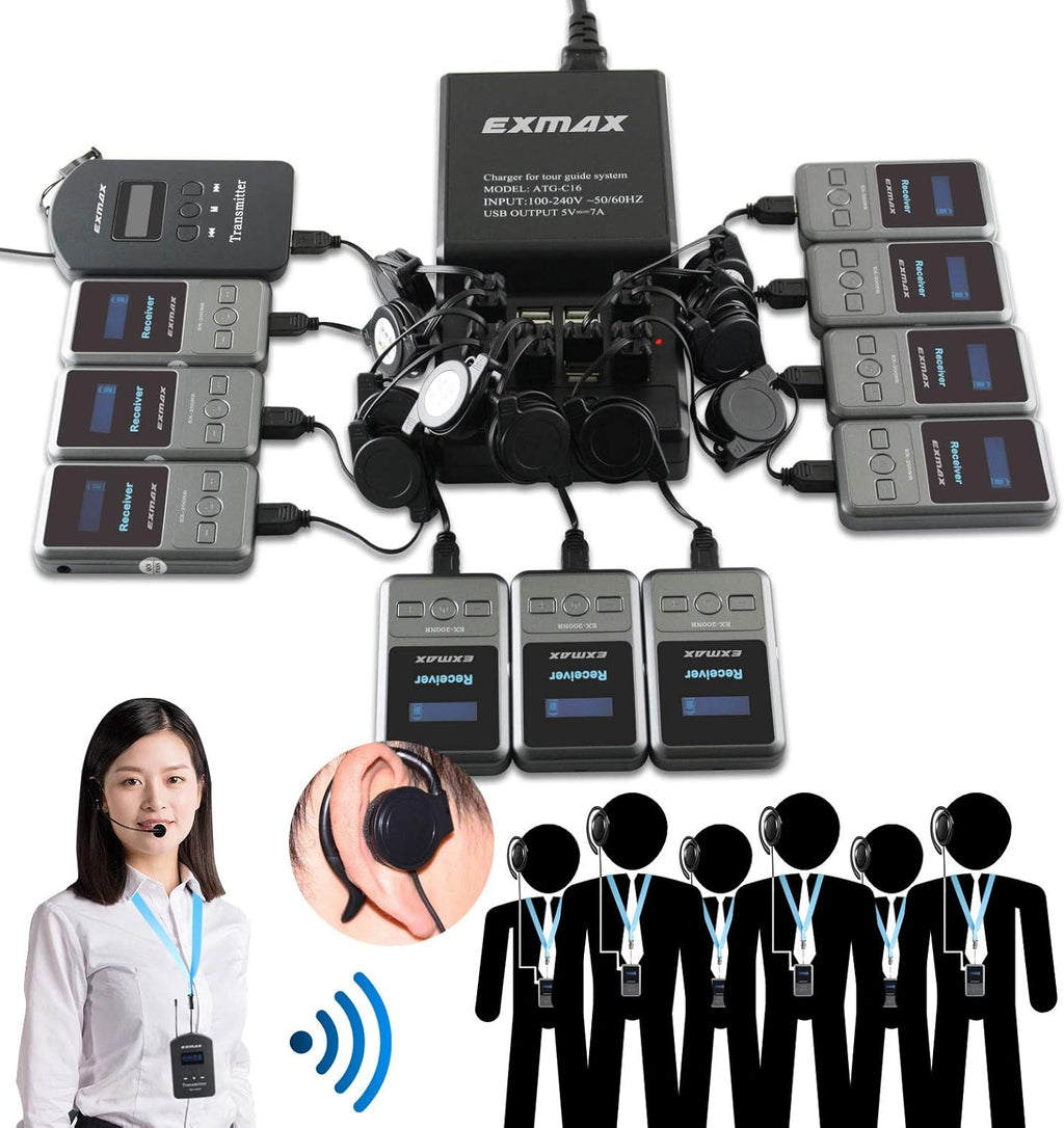 UHF Wireless Tour Guide Translation System, 200 Channels, 1 Transmitter & 10 Receivers & 16-port USB Charge Station U39272
