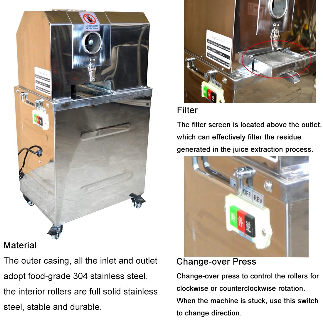Vertical Electric Sugarcane Juicer Juice Press Machine 4 Rollers Stainless Steel Silver U9297