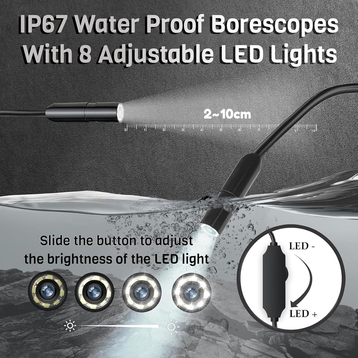 1920P HD Borescope with 8 Adjustable LED Lights, 16.4ft Semi-Rigid Cord, 7.9mm Industrial Endoscope O437849