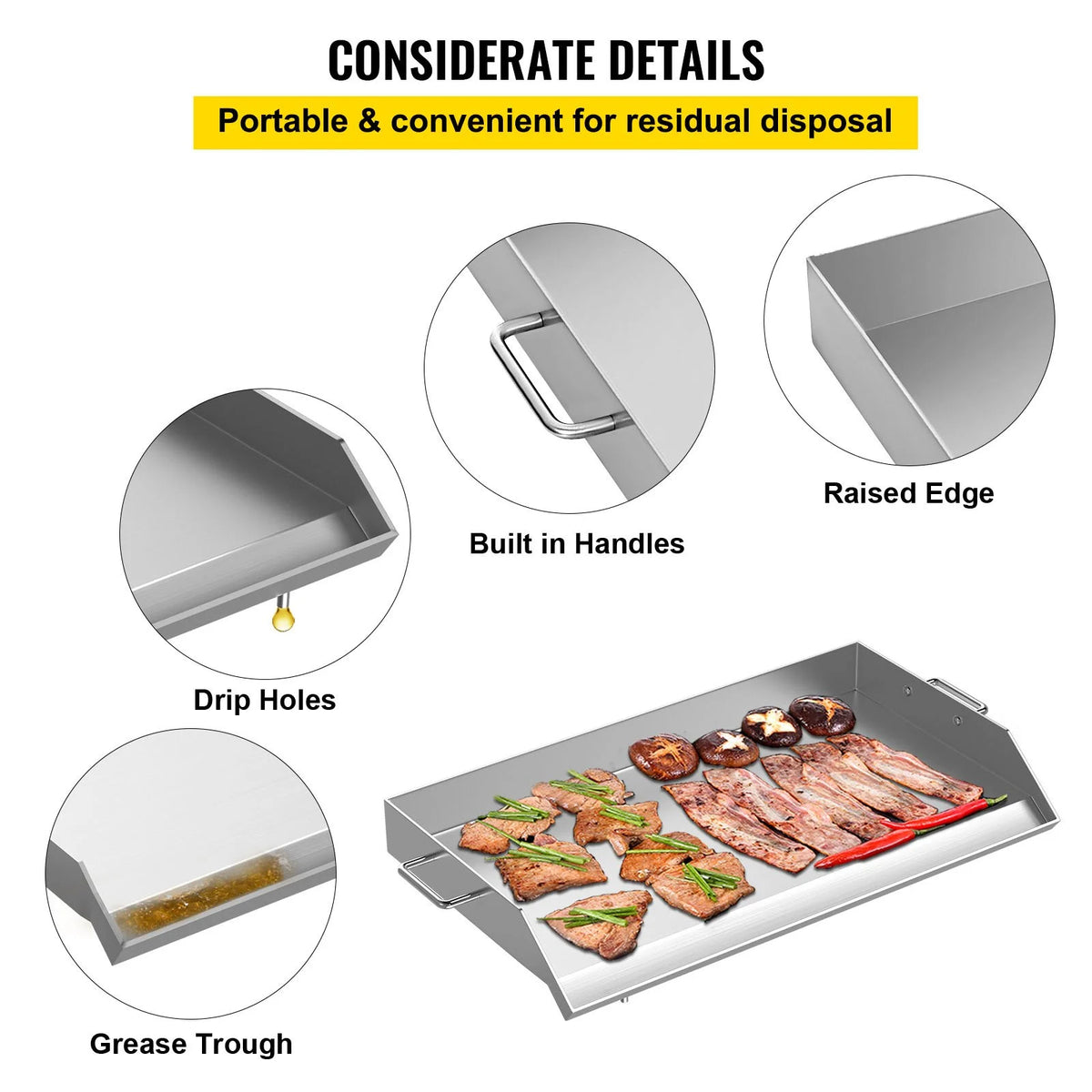 Stainless Steel Griddle Flat Top BBQ Plate with Handles and Grease Groove N20878