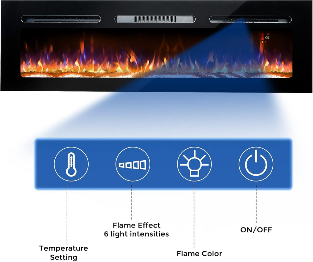 60 Electric Fireplace, Recessed & Wall Mounted, Ultra Thin, Low Noise, Remote Control, 1500W, Black S1920