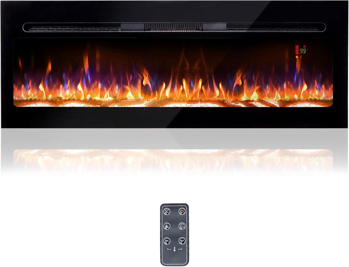 60 Electric Fireplace, Recessed & Wall Mounted, Ultra Thin, Low Noise, Remote Control, 1500W, Black S1920