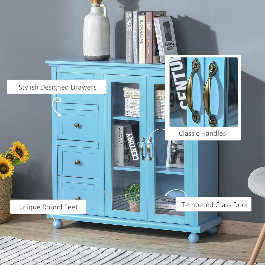Storage Sideboard Cabinet with 4 Drawers and Glass Door Cupboard P18528