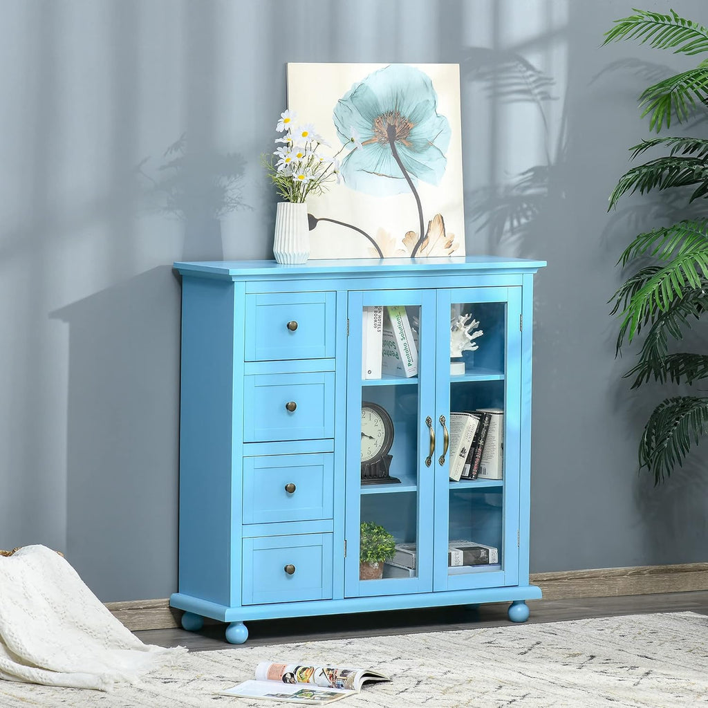 Storage Sideboard Cabinet with 4 Drawers and Glass Door Cupboard P18528