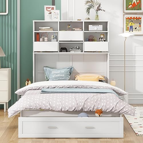 White Queen Size Murphy Bed with Bookcase and Drawer L3580