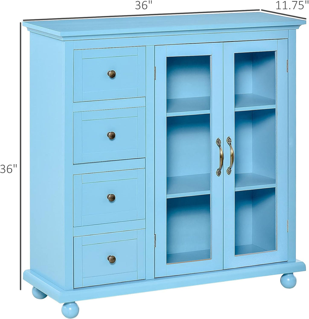 Storage Sideboard Cabinet with 4 Drawers and Glass Door Cupboard P18528