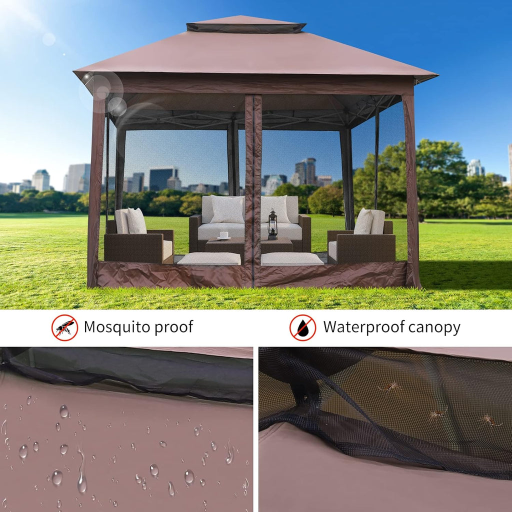 10'x10' Brown Pop Up Gazebo with Mosquito Netting Double Roof O255306