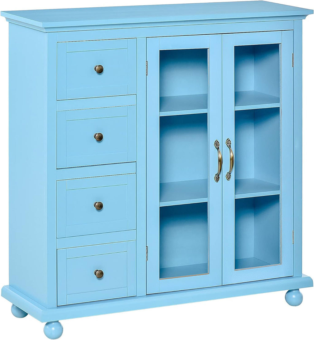 Storage Sideboard Cabinet with 4 Drawers and Glass Door Cupboard P18528