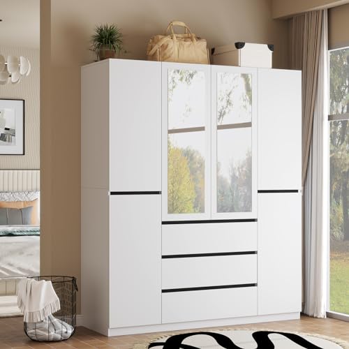 White 4 Door Wooden Armoire Wardrobe with Mirror P8933