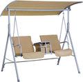 2 Person Covered Swing with Canopy, Table and Storage Console, Beige S6574