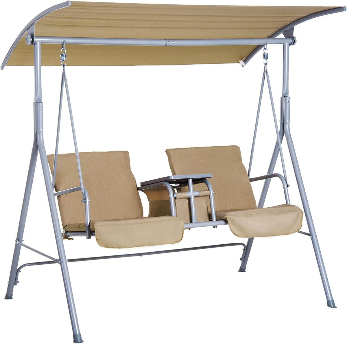 2 Person Covered Swing with Canopy, Table and Storage Console, Beige S6574
