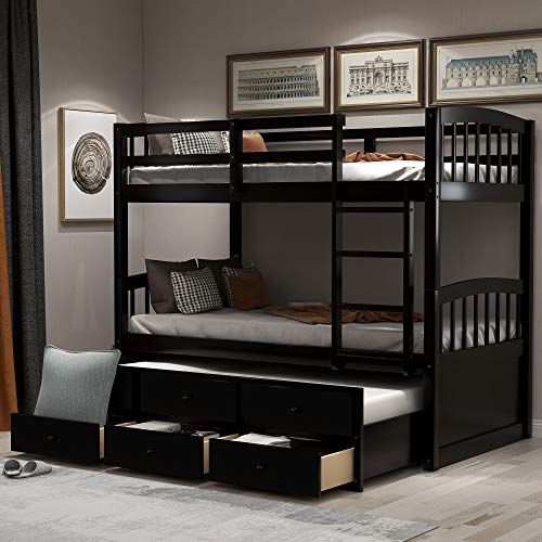 Twin Over Twin Solid Wood Bunk Bed with Storage Drawers and Trundle (Espresso) A65918