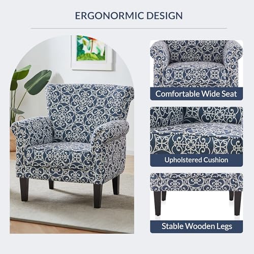 Upholstered Wingback Accent Chair, Fabric Armchair, Nailhead Trim High Back Patterned Corner Chair, Navy Blue/White X701