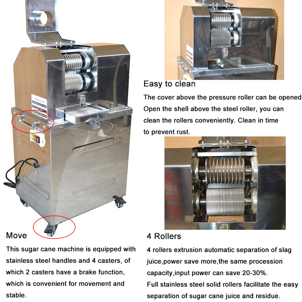 Vertical Electric Sugarcane Juicer Juice Press Machine 4 Rollers Stainless Steel Silver U9297