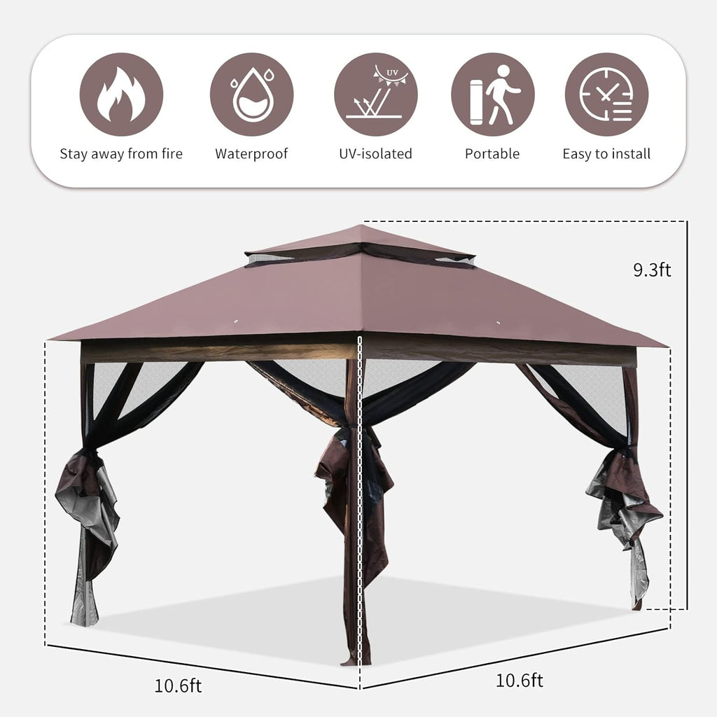 10'x10' Brown Pop Up Gazebo with Mosquito Netting Double Roof O255306