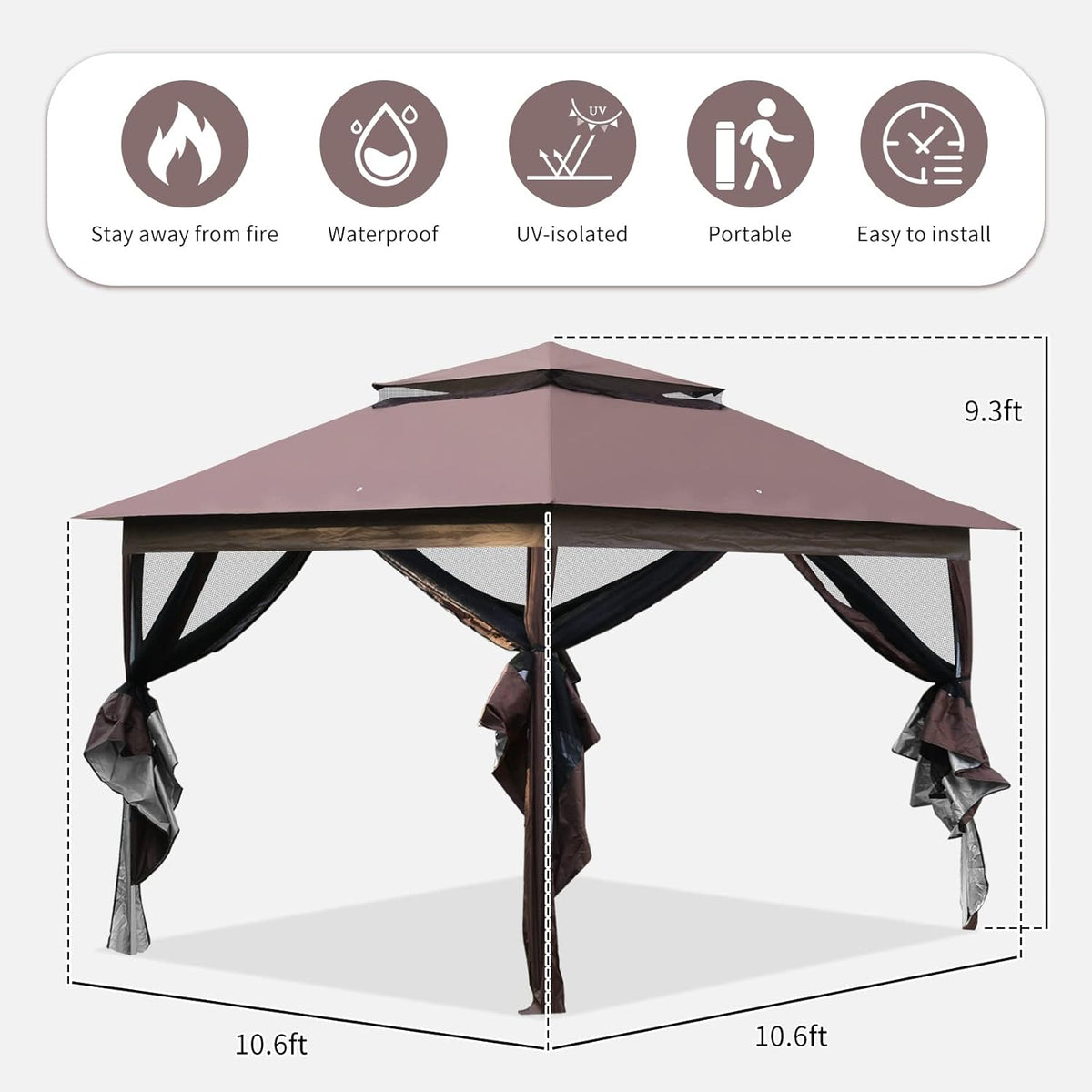 10'x10' Brown Pop Up Gazebo with Mosquito Netting Double Roof O255306