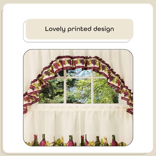 Light Filtering Printed Tier & Swag Window Curtain Set, 57 Inch Length, 24 Inch Width, Chardonnay, Machine Washable S8305