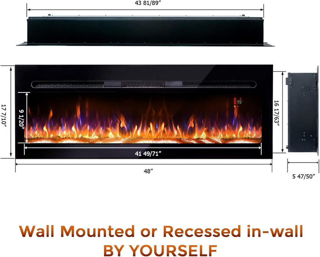 60 Electric Fireplace, Recessed & Wall Mounted, Ultra Thin, Low Noise, Remote Control, 1500W, Black S1920