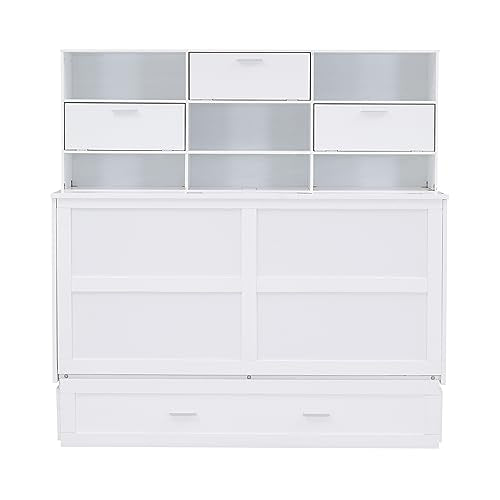 White Queen Size Murphy Bed with Bookcase and Drawer L3580