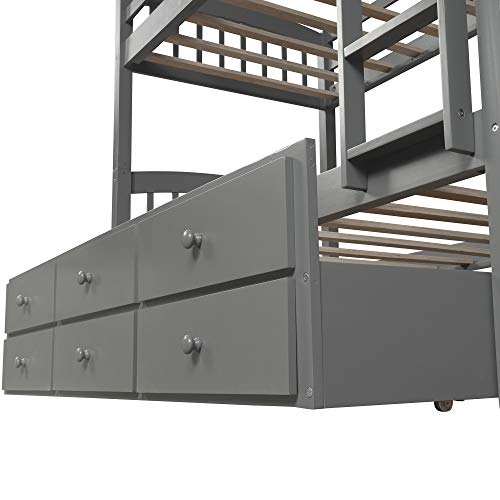 Twin Over Twin Solid Wood Bunk Bed with Storage Drawers and Trundle (Espresso) A65918