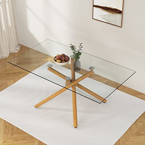 63 Inch Glass Dining Table with Tempered Glass Top and Silver Metal Legs N2930