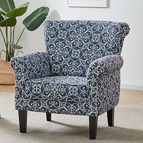 Upholstered Wingback Accent Chair, Fabric Armchair, Nailhead Trim High Back Patterned Corner Chair, Navy Blue/White X701