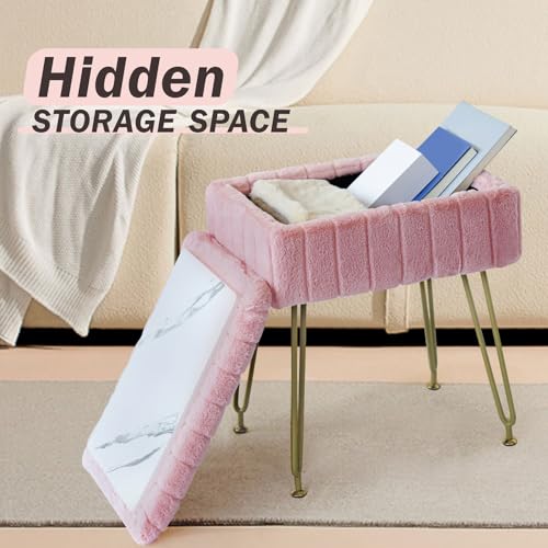 Pink Faux Fur Vanity Stool with Gold Metal Legs and Hidden Storage L3573