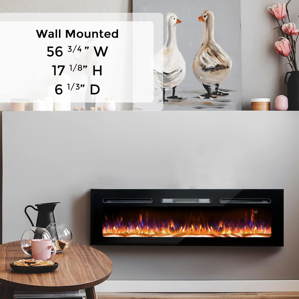 60 Electric Fireplace, Recessed & Wall Mounted, Ultra Thin, Low Noise, Remote Control, 1500W, Black S1920