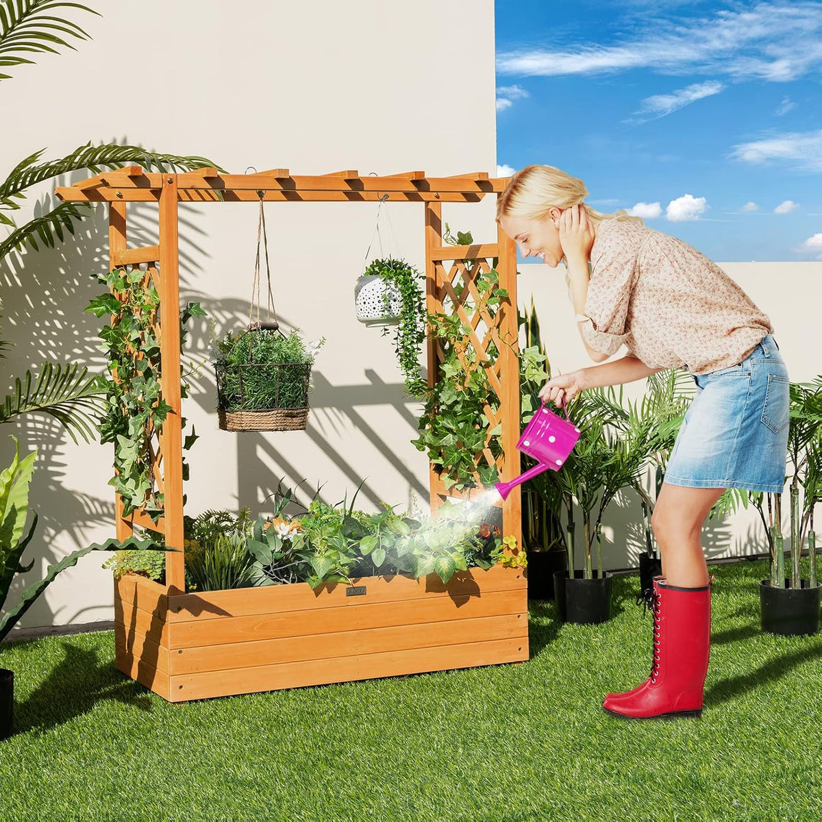 Wood Raised Garden Bed with Trellis R76963