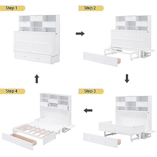 White Queen Size Murphy Bed with Bookcase and Drawer L3580