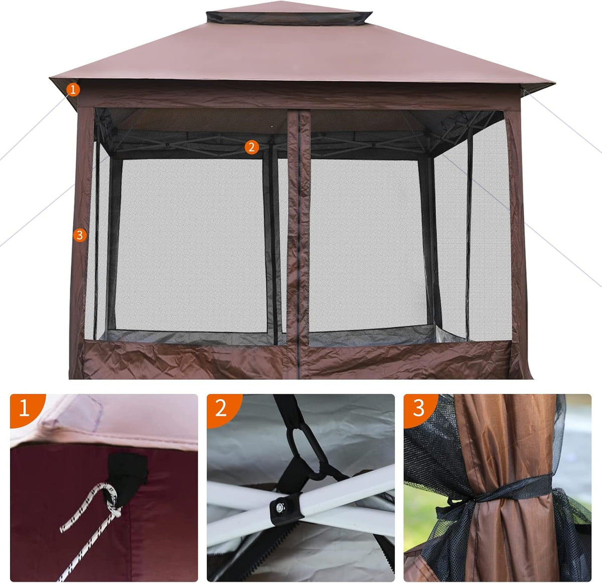 10'x10' Brown Pop Up Gazebo with Mosquito Netting Double Roof O255306