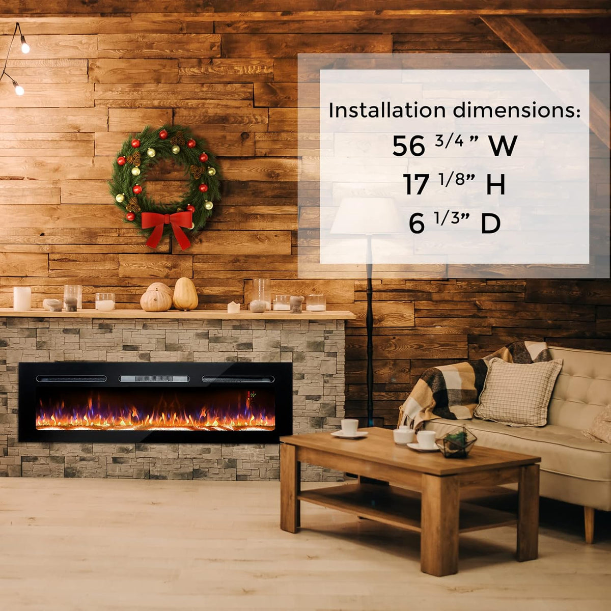60 Electric Fireplace, Recessed & Wall Mounted, Ultra Thin, Low Noise, Remote Control, 1500W, Black S1920