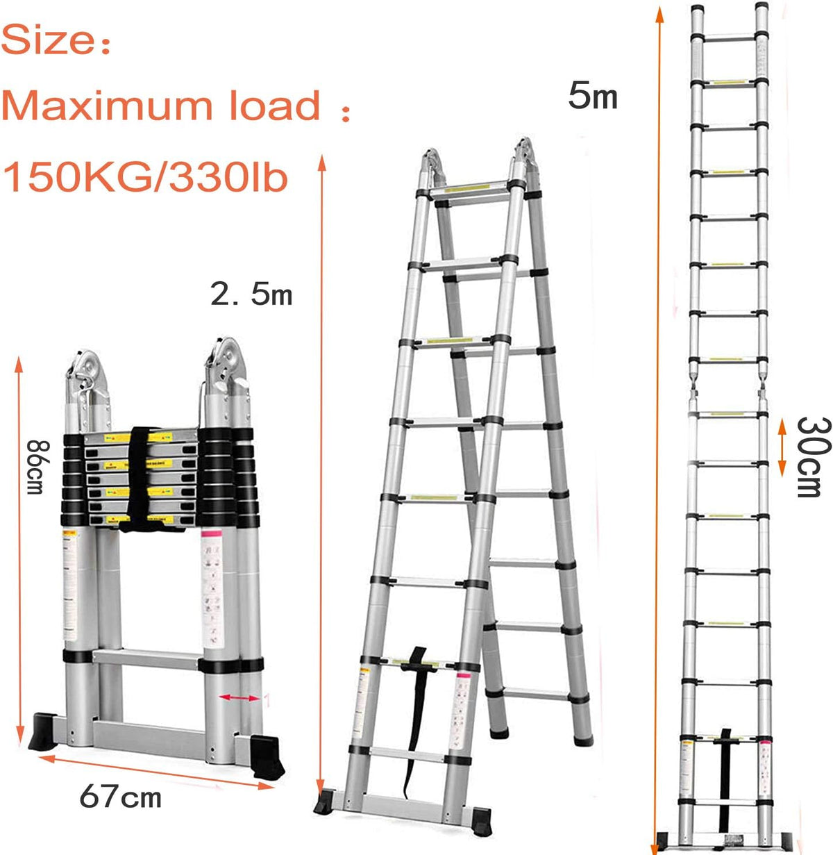 16.5FT/5M Telescopic Aluminum Extension Ladder with Slip-Proof Feet S625