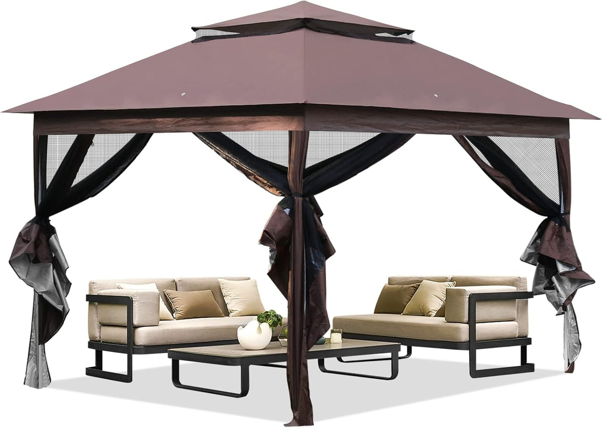 10'x10' Brown Pop Up Gazebo with Mosquito Netting Double Roof O255306