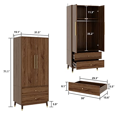 Brown Wooden Wardrobe Armoire with 2 Doors, 2 Drawers, Hanging Rod B475961