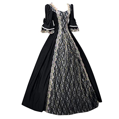 Women Renaissance Medieval Maxi Lace up Dress Vintage Half sleeve I3936