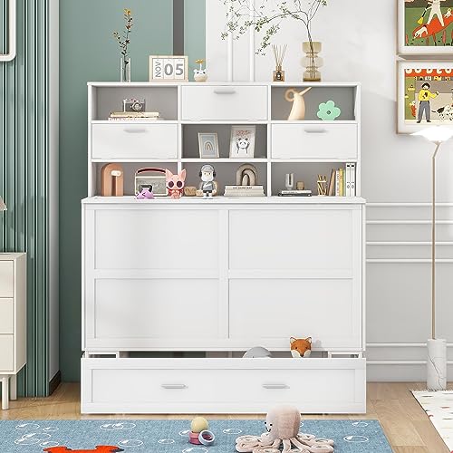 White Queen Size Murphy Bed with Bookcase and Drawer L3580