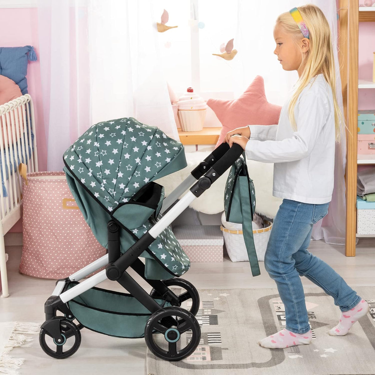 Stars Green & White Doll Pram with Handbag G4910