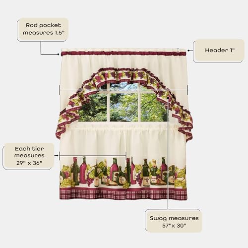 Light Filtering Printed Tier & Swag Window Curtain Set, 57 Inch Length, 24 Inch Width, Chardonnay, Machine Washable S8305