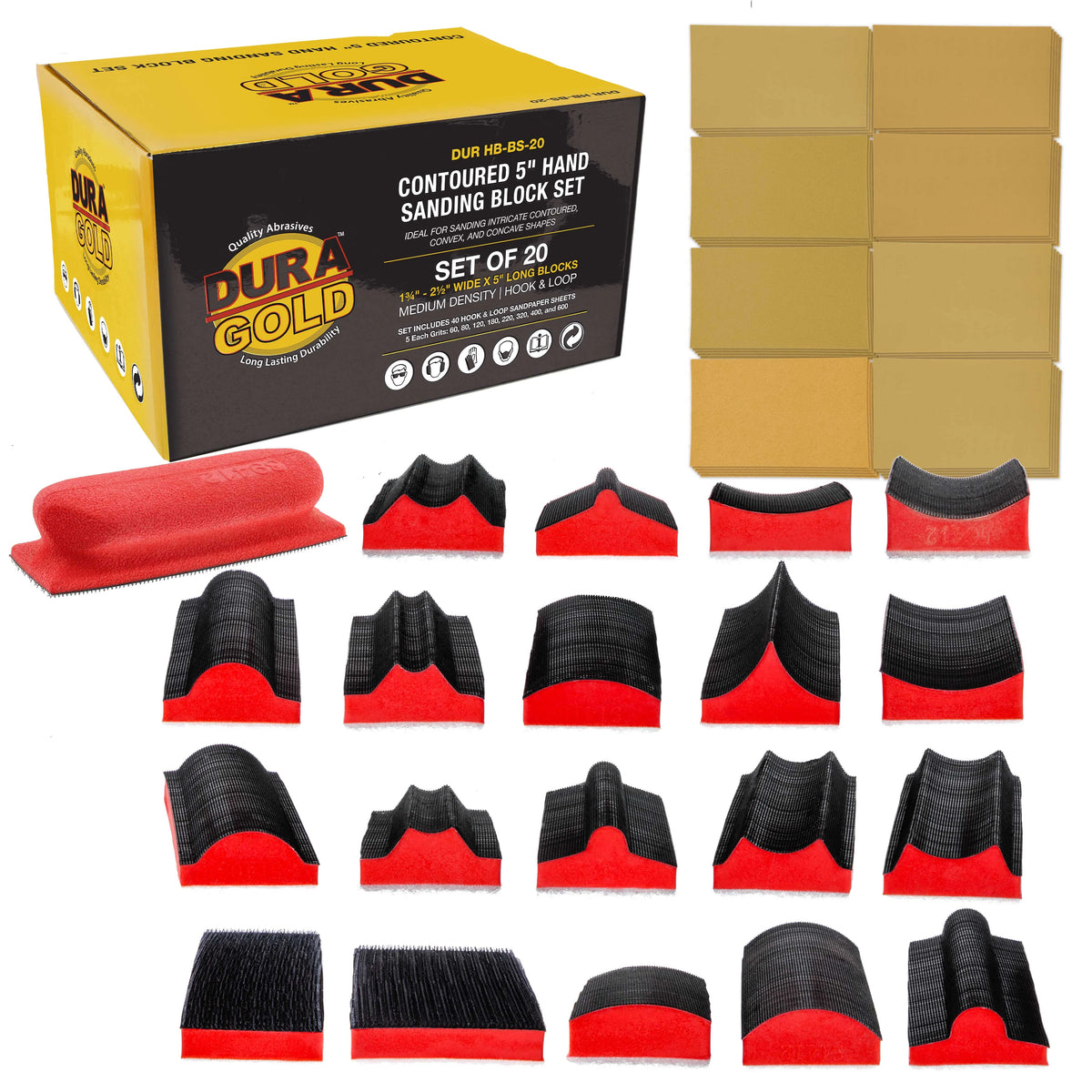 20-Piece 5" Hand Sanding Block Set with 40 Sheet Hook & Loop Sandpaper Kit D984547