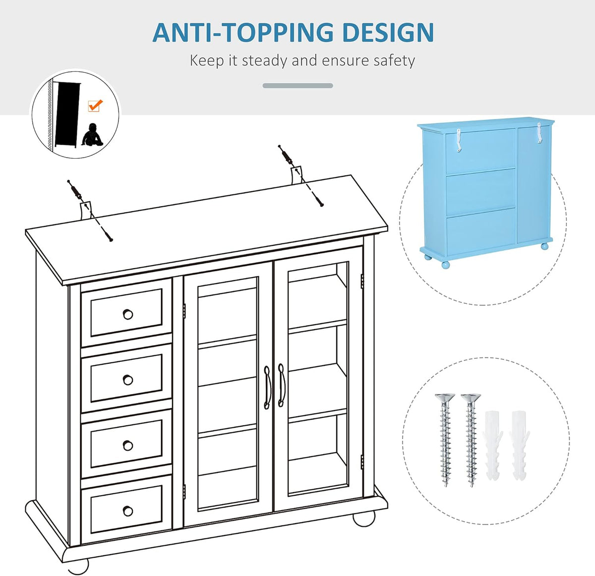 Storage Sideboard Cabinet with 4 Drawers and Glass Door Cupboard P18528
